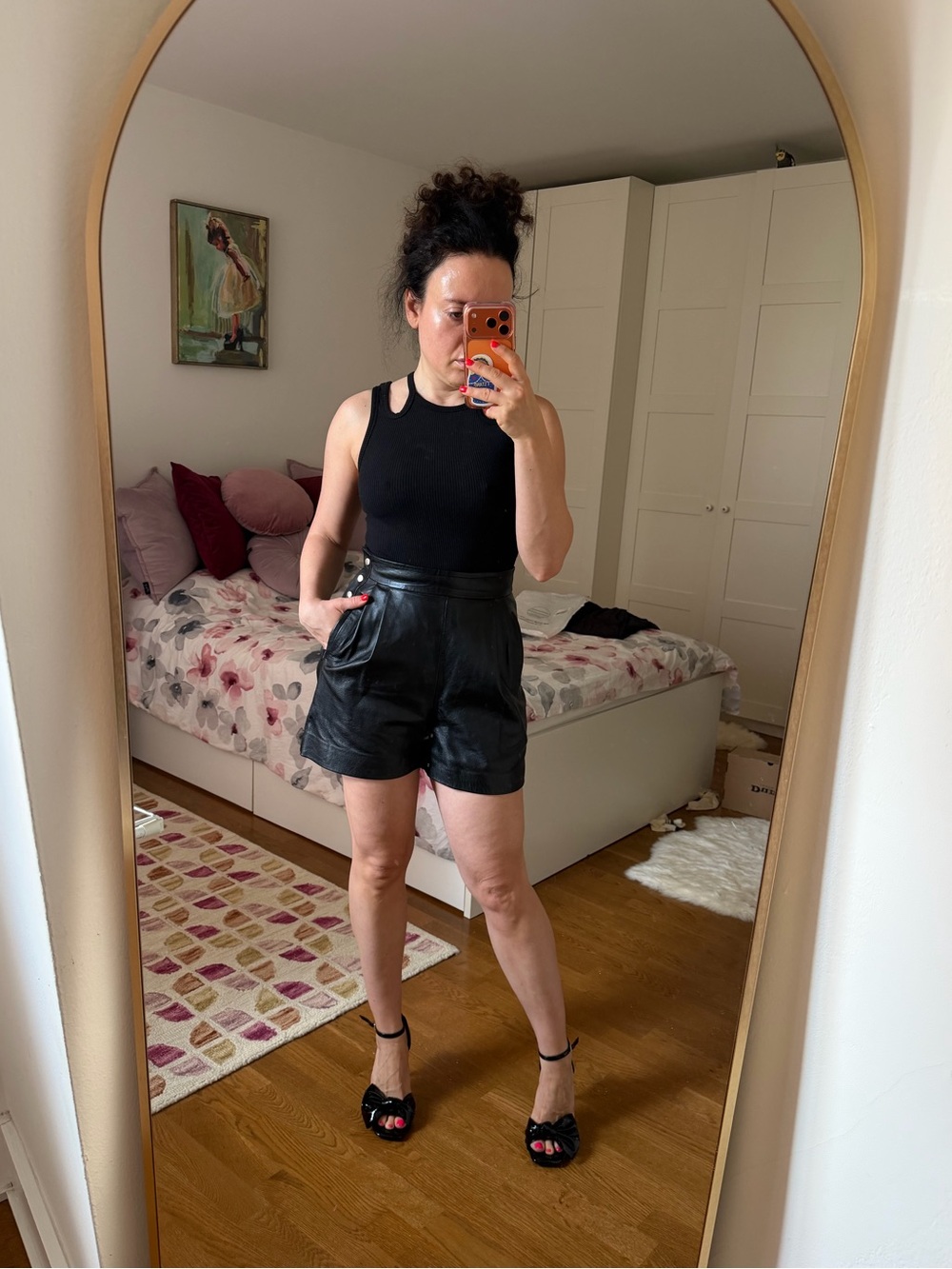 Mango Black High-Waist Genuine Leather Shorts